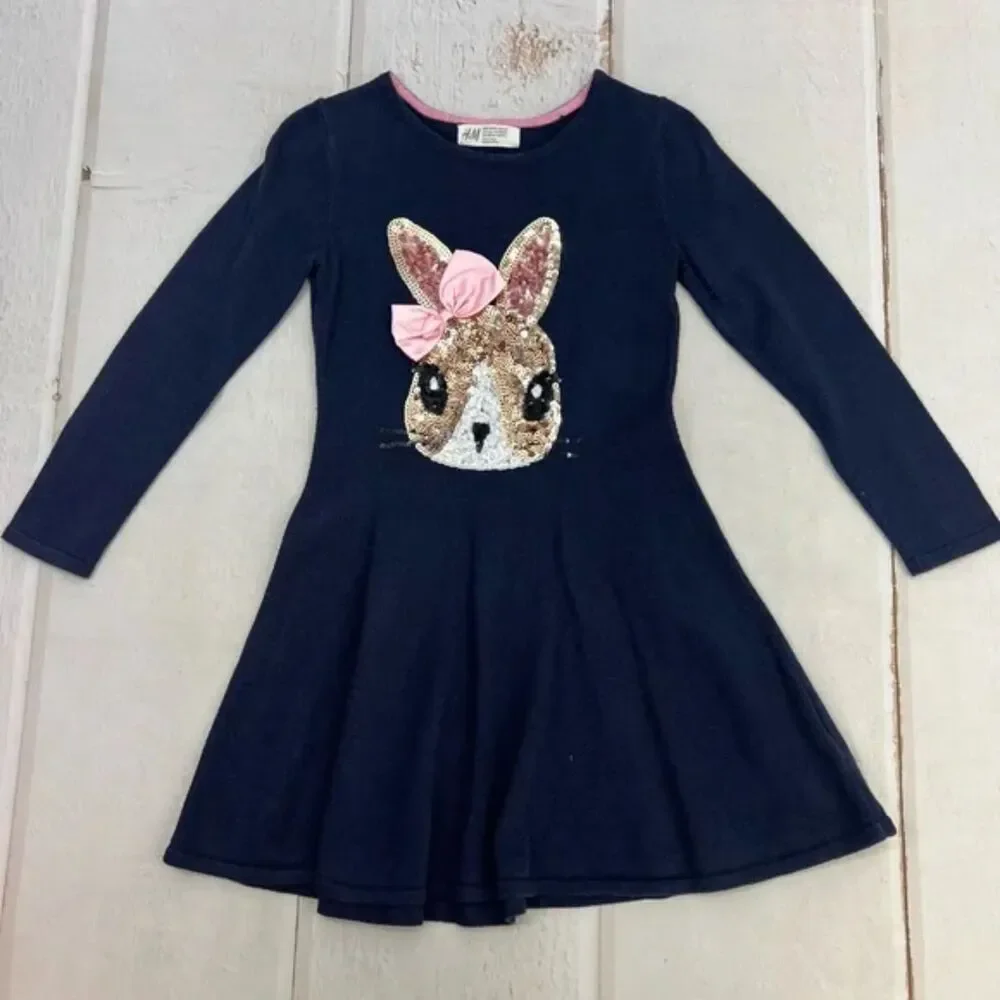 NWT H&M Navy Knit Sequin Bunny Long-sleeved Dress 134-140 cm 8-10 Years easter